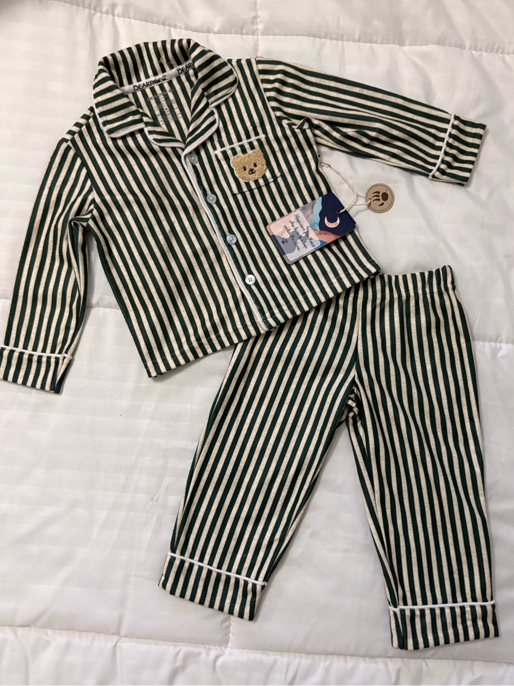BearPaw Green & Cream Striped Kids Pajama Set with Bear Pocket